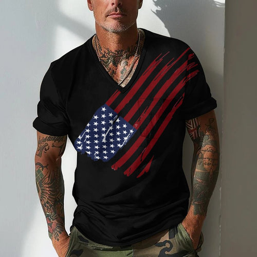 Herren V-Ausschnitt T-Shirt mit kreativem Flaggenmotiv R&B