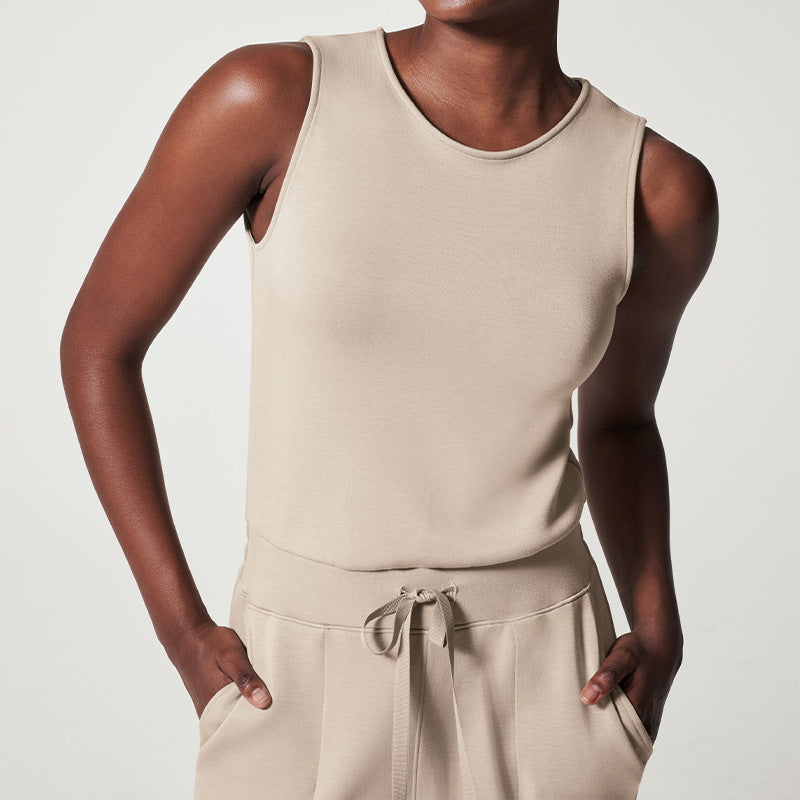 Damen nan ärmelloser Strick-Overall mit weitem Palazzo-Bein, Kordelbund und aufgesetzten Taschen R&B