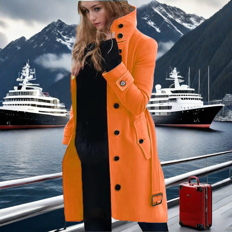 Damen eleganter Trenchcoat mit hohem Kragen und doppelter Knopfleiste R&B