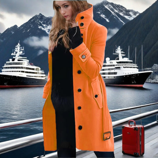 Damen eleganter Trenchcoat mit hohem Kragen und doppelter Knopfleiste R&B