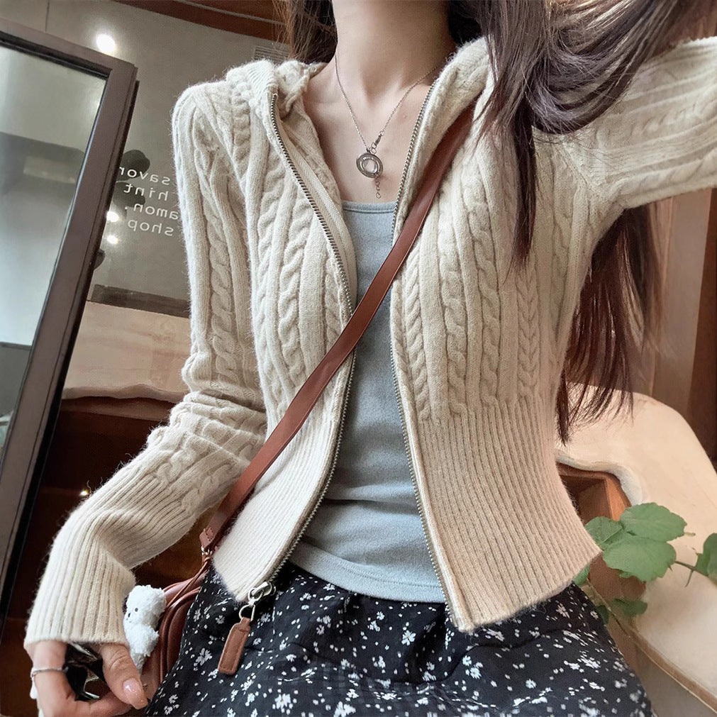 Damen modischer Strickpullover mit Kapuze und Zopfmuster