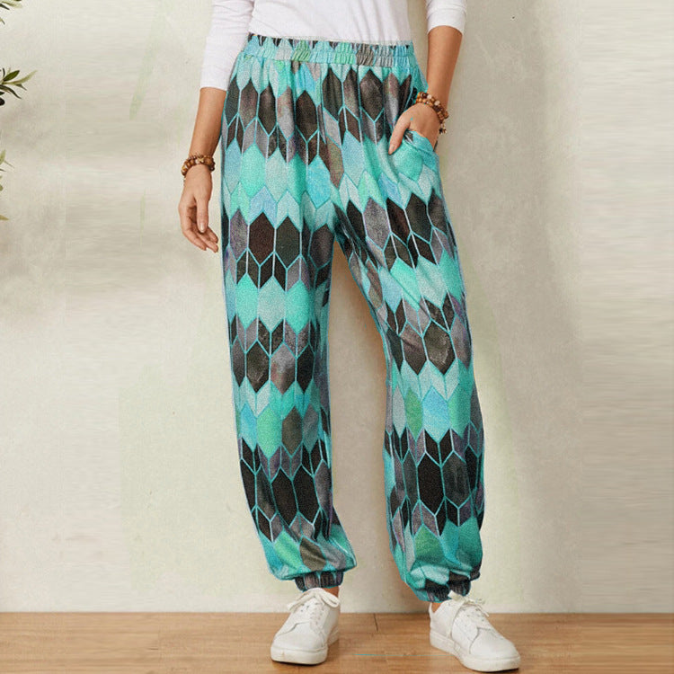 Damen Freizeithose mit modernem geometrischen Muster und elastischem Bund R&B