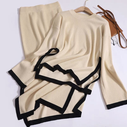 Damen modisches Strick-Loungewear-Set mit dekorativem Kontrastsaum R&B