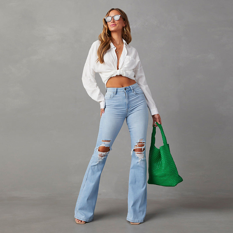 Damen Flared Jeans mit hohen Rissen und hohem Bund R&B