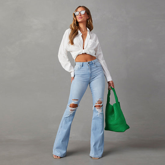 Damen Flared Jeans mit hohen Rissen und hohem Bund R&B