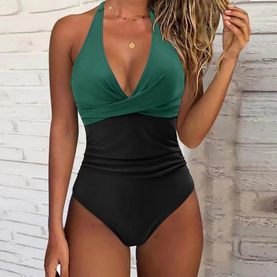 Damen Einteiler-Badeanzug mit tiefem V-Ausschnitt und Blumenmuster R&B