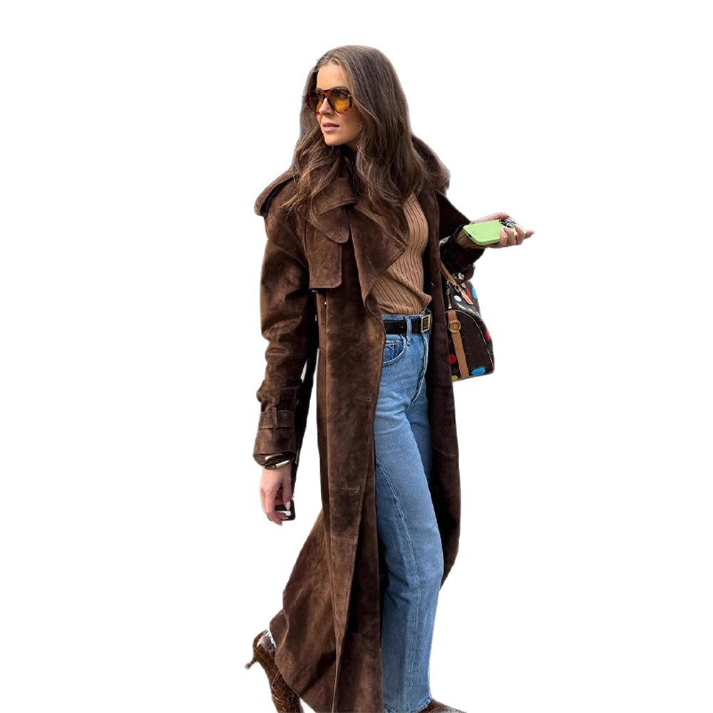 Damen Langer Vegan ledermantel mit markanten Klappen R&B
