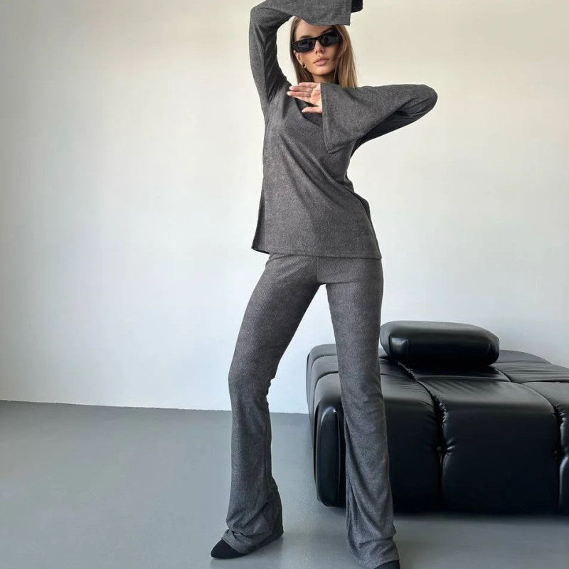 Damen lässiges Strickoberteil und Flared Hose Set R&B