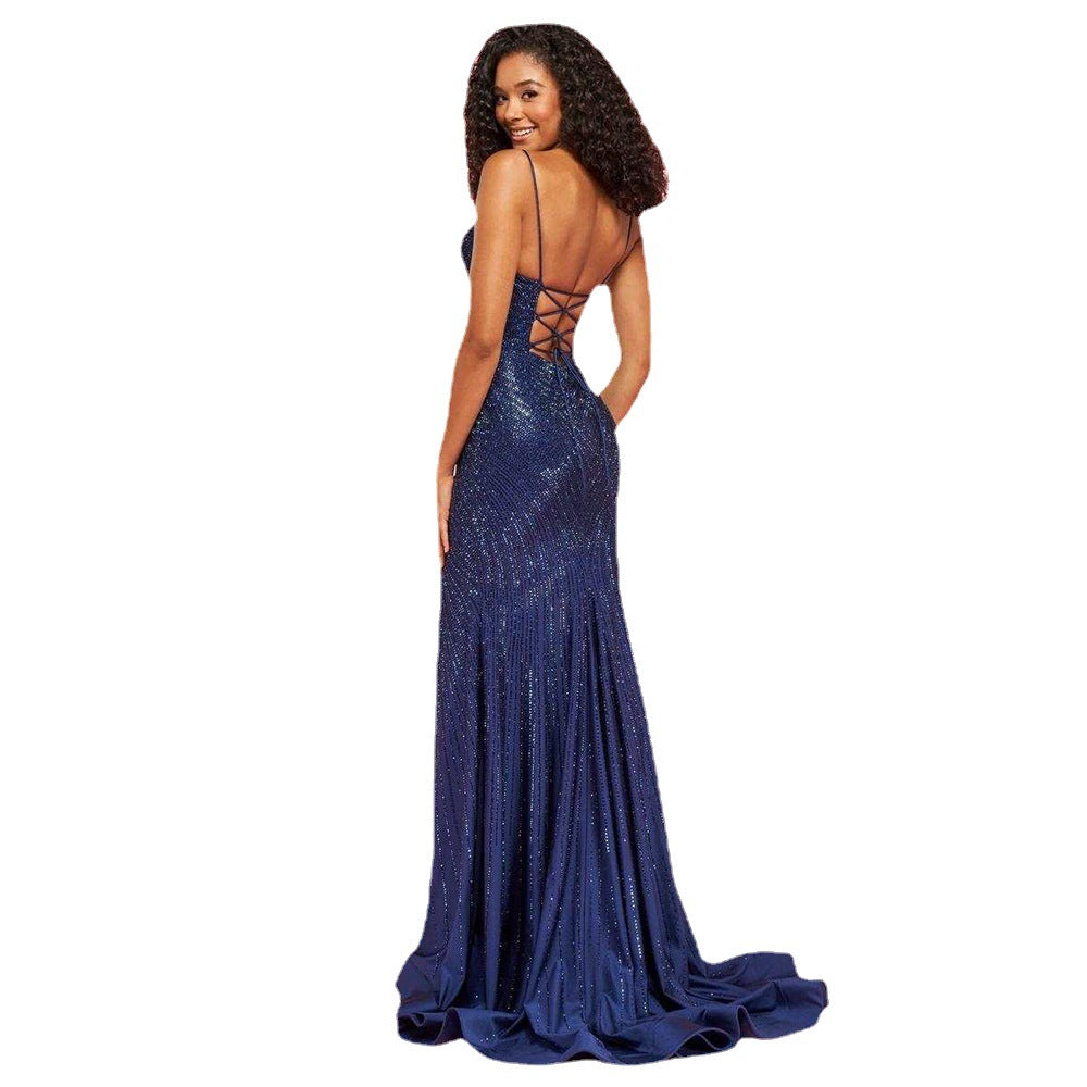 Damen Glamouröses Pailletten Abendkleid mit sexy Schlitz und Spaghetti-Trägern R&B