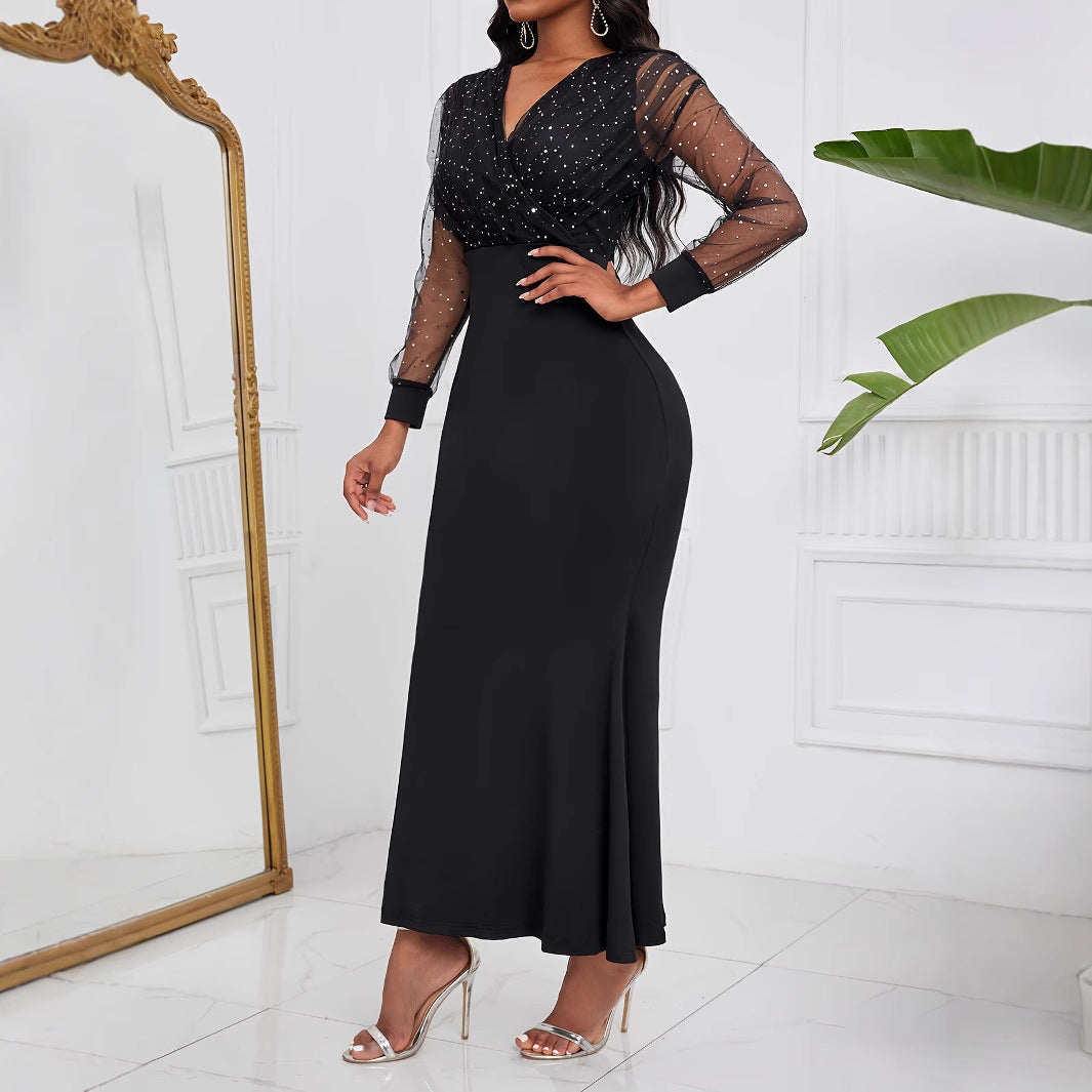 Damen Schickes Abendkleid mit transparenten Puffärmeln und Glitzerakzenten R&B