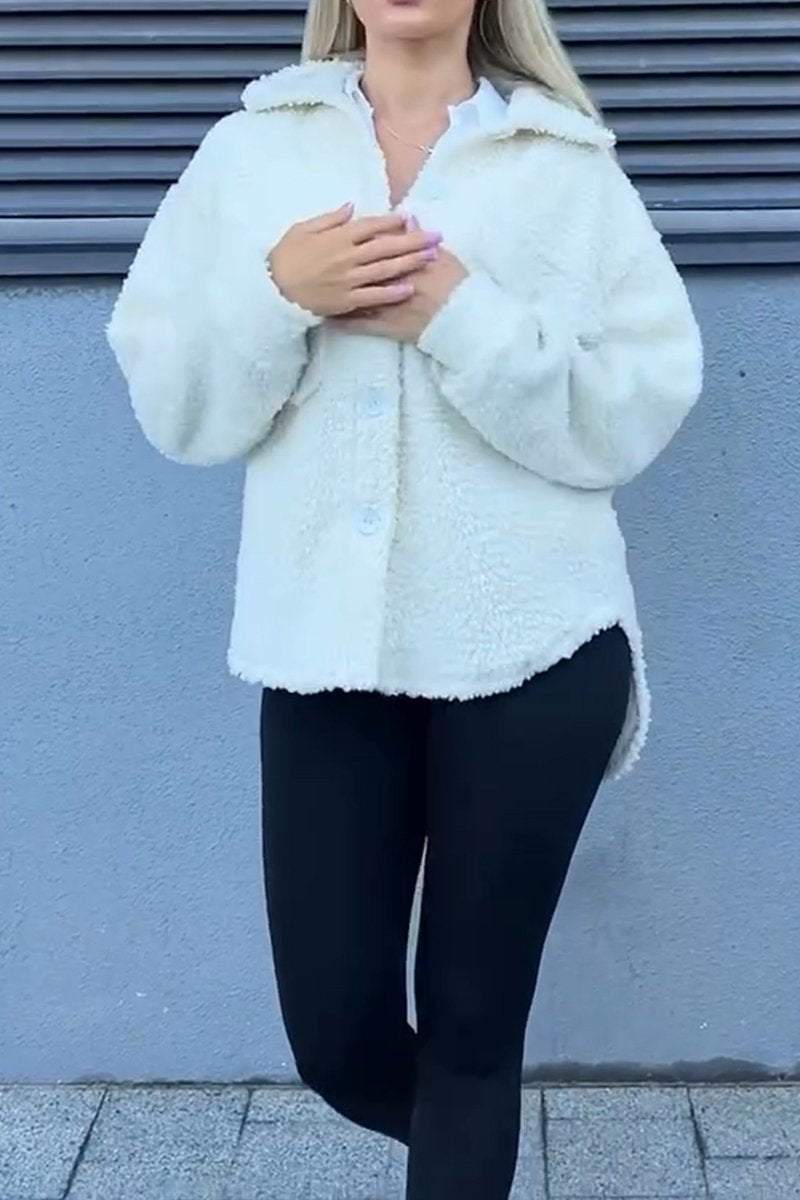 Damen Teddyjacke mit modischen Taschen und Knopfverschluss R&B