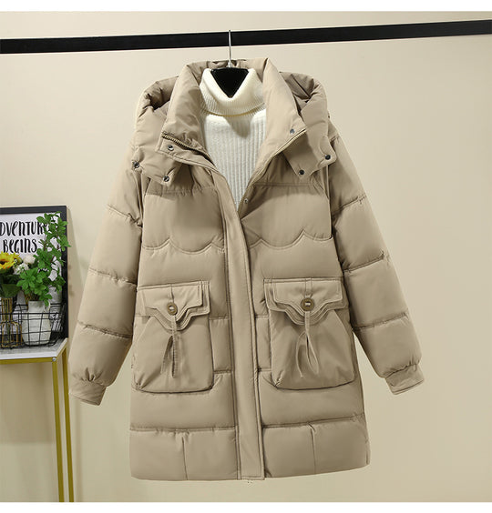 Damen Lange Pufferjacke mit praktischem Kapuzenkragen und großen Taschen R&B