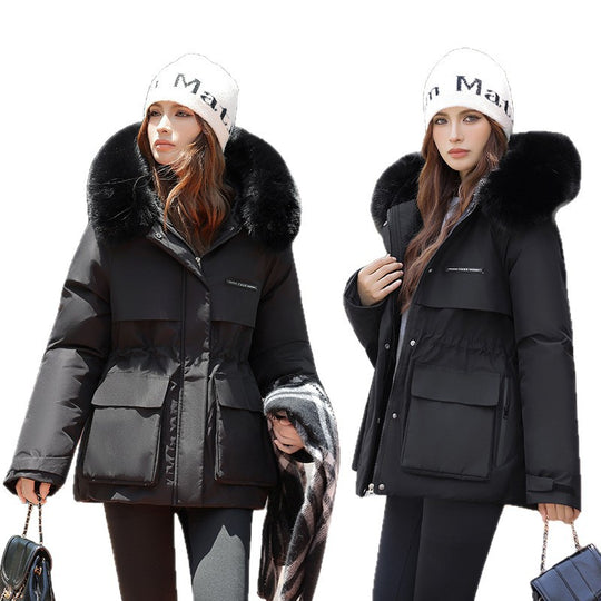 Damen Elegante und warme Winterjacke mit abnehmbarem Kunstfellkragen und praktischen Taschen R&B