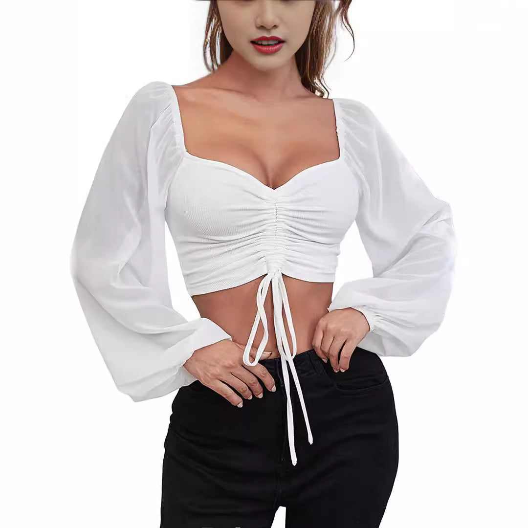 Damen Crop-Top mit strukturiertem Körper und eleganten Puffärmeln R&B