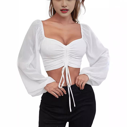 Damen Crop-Top mit strukturiertem Körper und eleganten Puffärmeln R&B