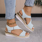 Damen bequeme Keilsandalen mit verstellbarem Riemen und Bastdetails R&B