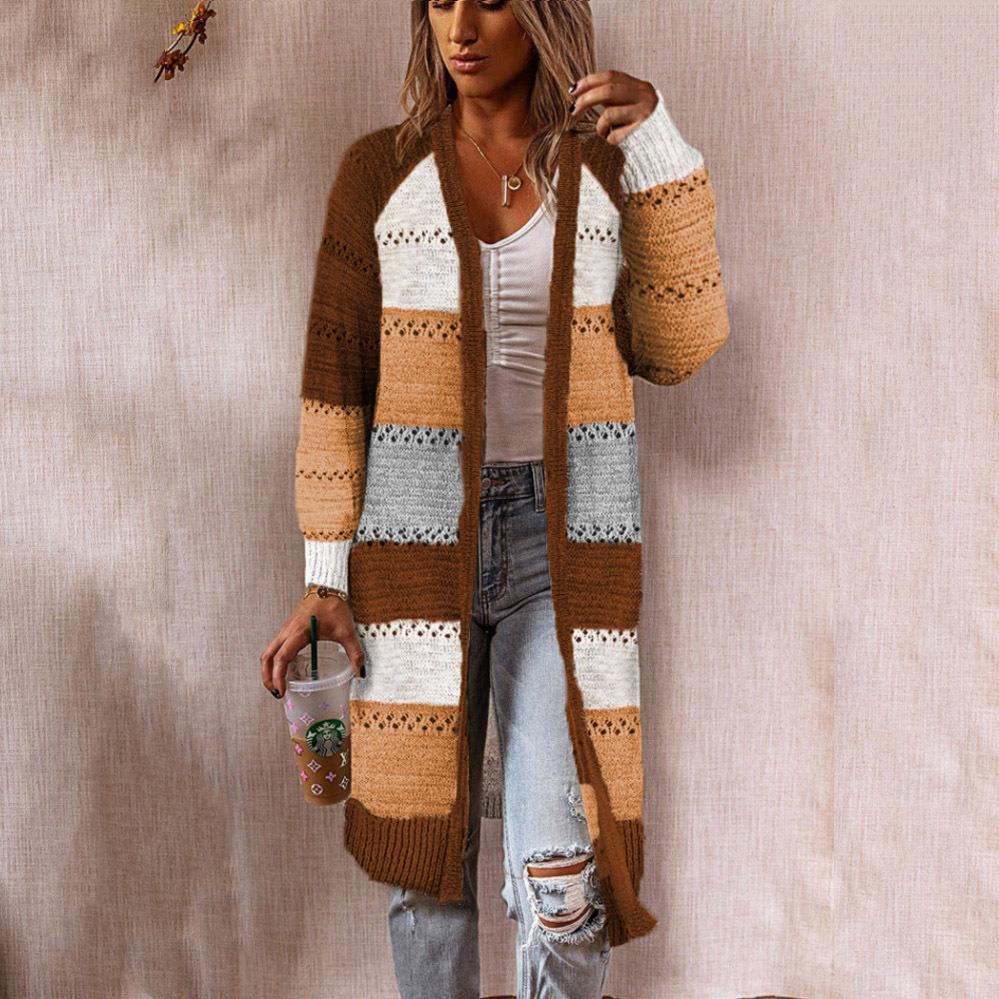 Damen Strickjacke im Retro-Patchwork-Stil mit langen Ärmeln und offenen Front R&B