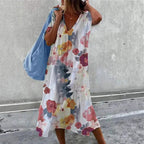 Damen lässiges Sommerkleid mit V-Ausschnitt und voluminösem Rock EB