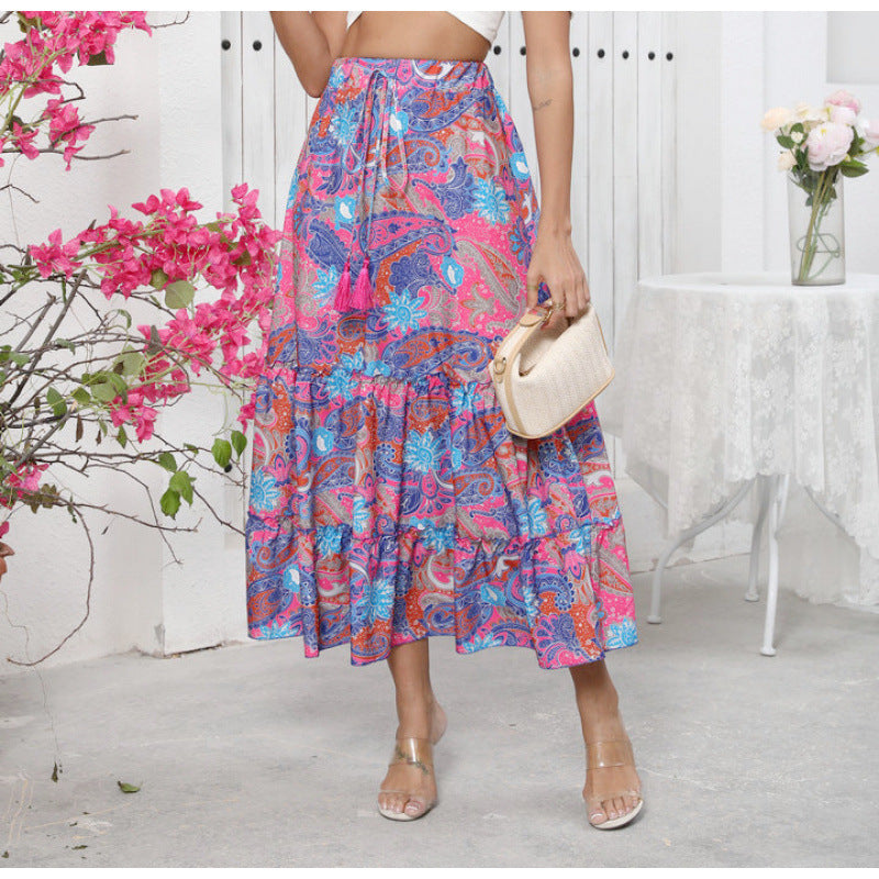Damen Midi-Rock im verspielten Boho-Stil mit buntem Paisleymuster und voluminösem Saum R&B