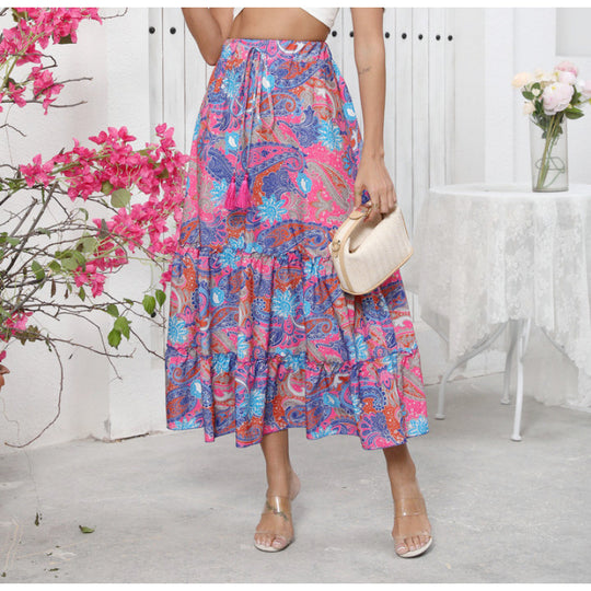Damen Midi-Rock im verspielten Boho-Stil mit buntem Paisleymuster und voluminösem Saum R&B