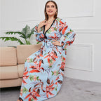 Damen Maxi-Kleid mit elegantem Floral-Design und tiefem V-Ausschnitt R&B