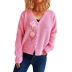 Damen Strickjacke mit verspieltem Blumenmotiv und romantischen Knopfdetails R&B