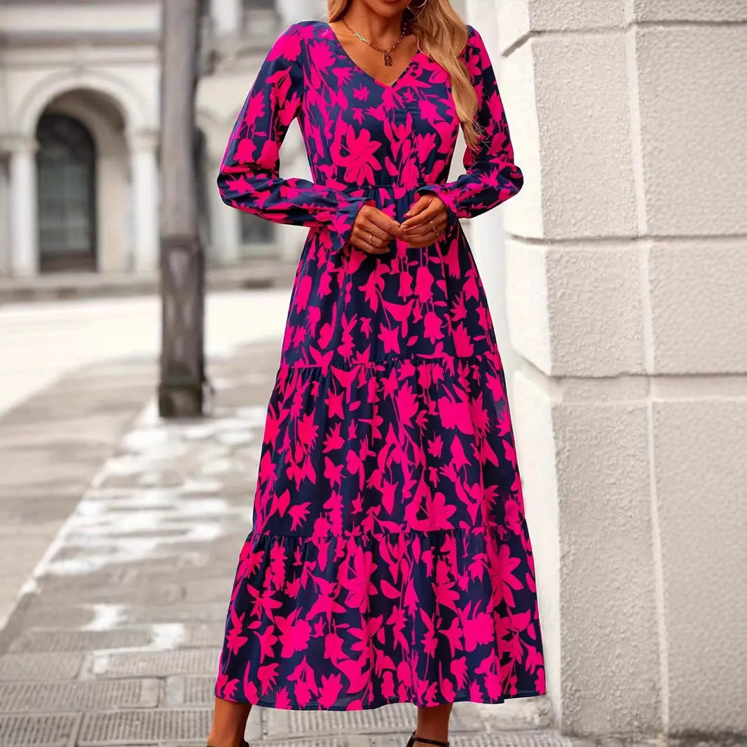 Damen Maxikleid mit V-Ausschnitt und voluminösen Ärmeln R&B