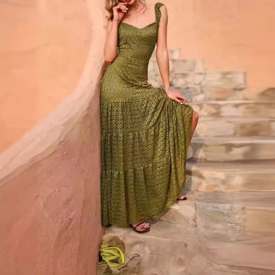 Damen Maxikleid mit exquisite Häkelstruktur und fließendem Rock R&B