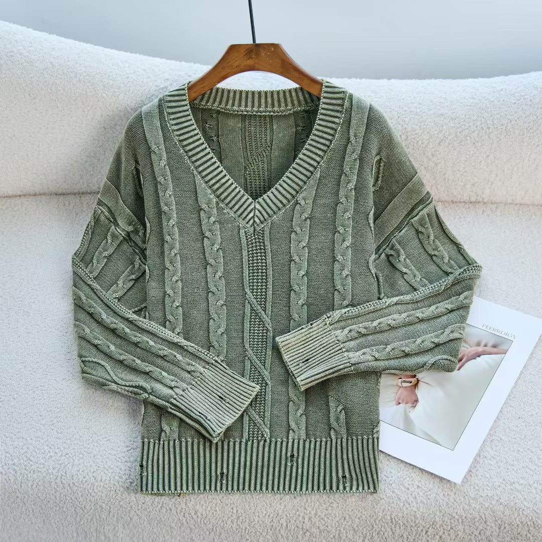 Damen Modischer Strickpullover mit V-Ausschnitt und Zopfmuster R&B