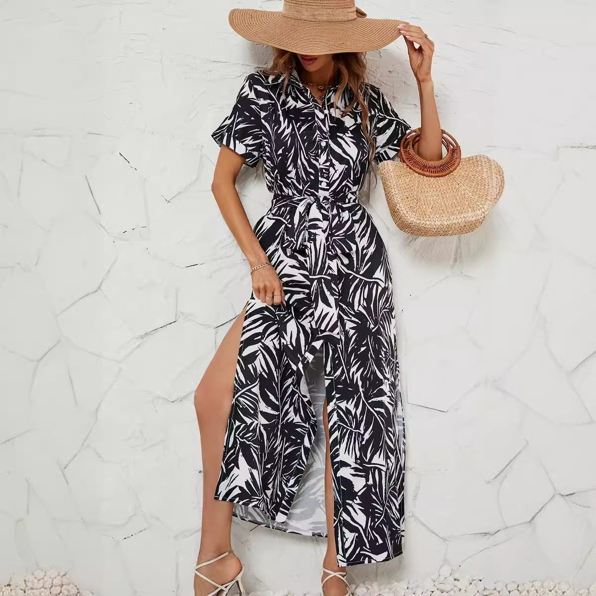 Damen Maxikleid mit raffiniertem Schnitt und tropischem Design R&B