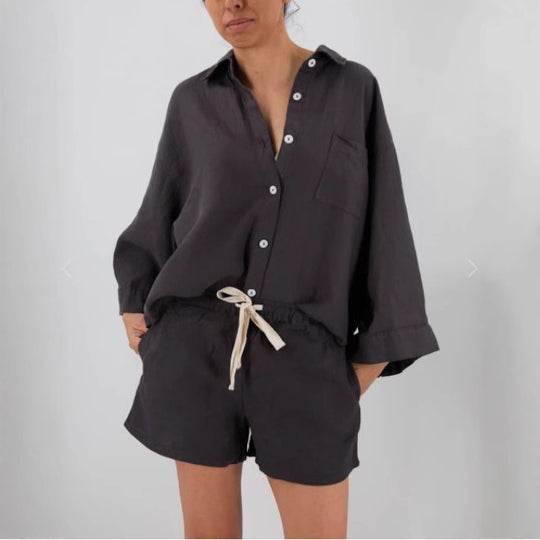 Damen Lässige Leinenbluse mit bequemen Schnitt und praktischen Taschen R&B