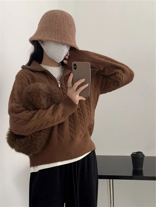 Damen kuscheliger Strickpullover mit hochschließendem Kragen und Zipper R&B