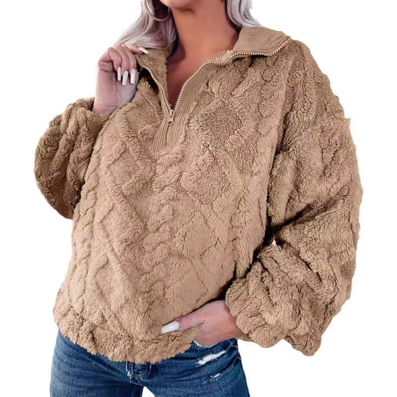Damen Kuscheliger Fleece-Pullover mit hohem Kragen und Halb-Reißverschluss R&B