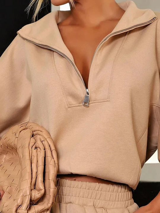 Damen Freizeit-Loungewear Set mit hohem Kragen und seitlichen Taschen R&B