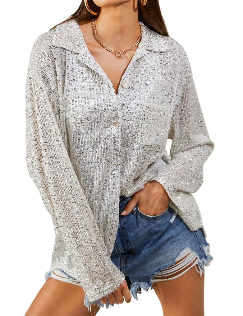 Damen Glitzernde Oversize-Bluse mit lässigem Schnitt R&B