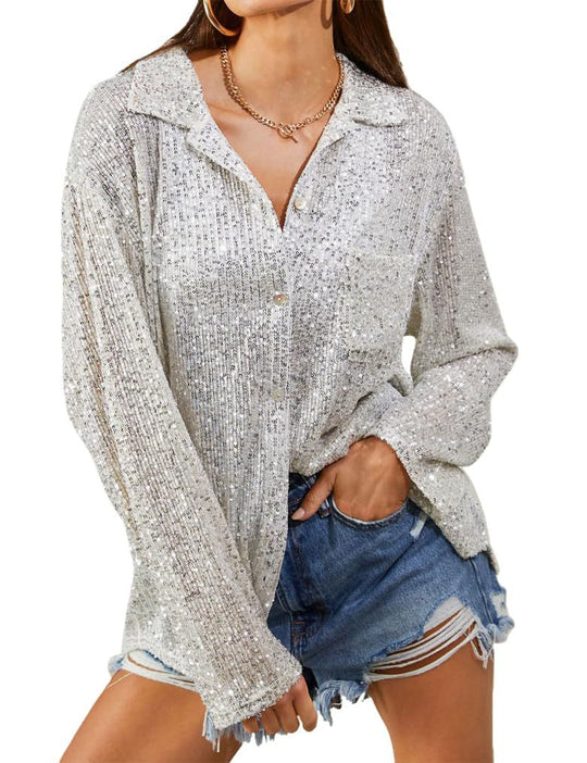 Damen Glitzernde Oversize-Bluse mit lässigem Schnitt R&B