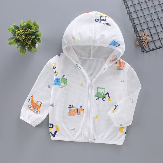 Unisex nan leichte atmungsaktive Musselin Kapuzen-Zip-Jacke mit verspieltem Auto-Muster für Kleinkinder R&B