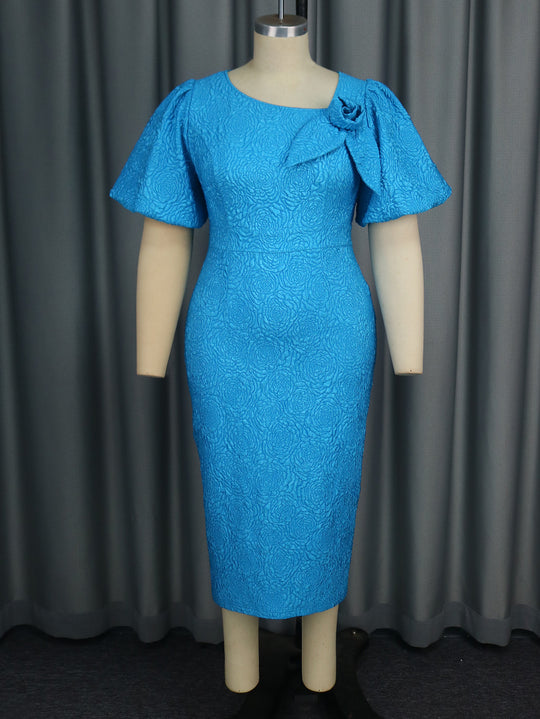 Damen elegantes Etuikleid mit fließenden Puffärmeln und Blumenapplikation R&B