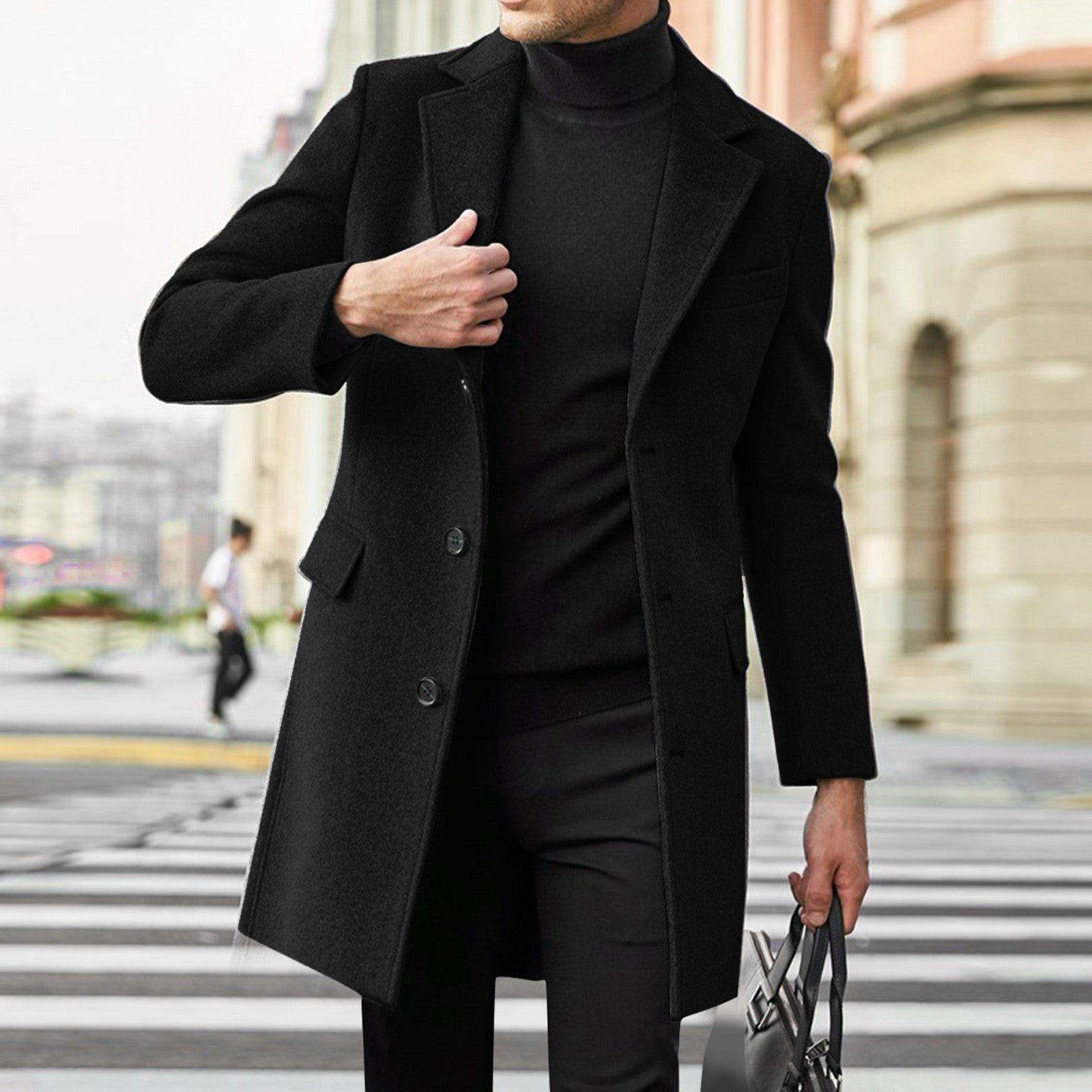 Herren eleganter Wollmantel mit klassischem Revers und verdeckten Knöpfen R&B
