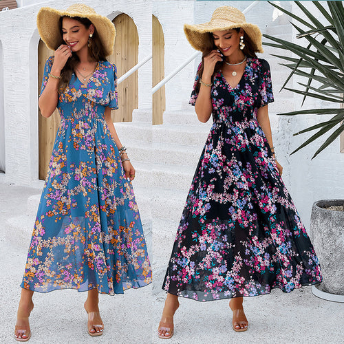 Damen Maxikleid mit floralen Details und elastischem Taillenbund R&B