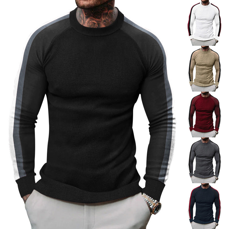 Herren sportlicher Strickpullover mit kontrastierenden Ärmeln und hohem Kragen