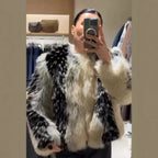 Damen nan kurze Kunstpelzjacke mit kontrastierenden Längsbesätzen und Rundhalsausschnitt R&B
