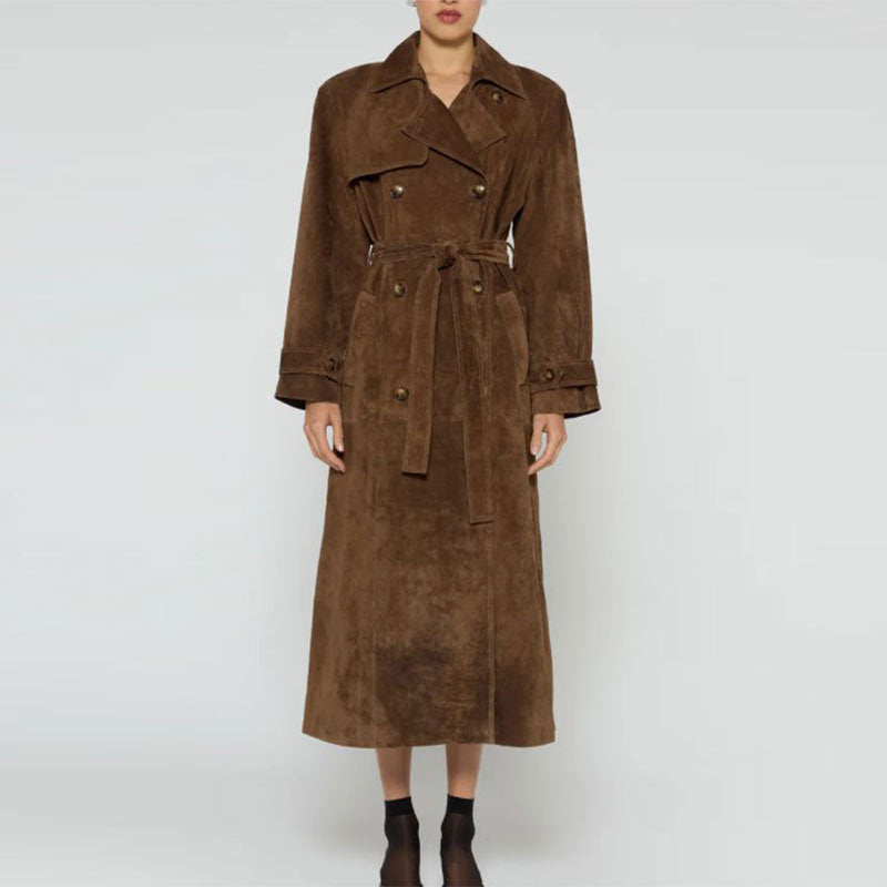 Damen Eleganter Wildleder-Trenchcoat mit tailliertem Schnitt und abnehmbaren Gürtel