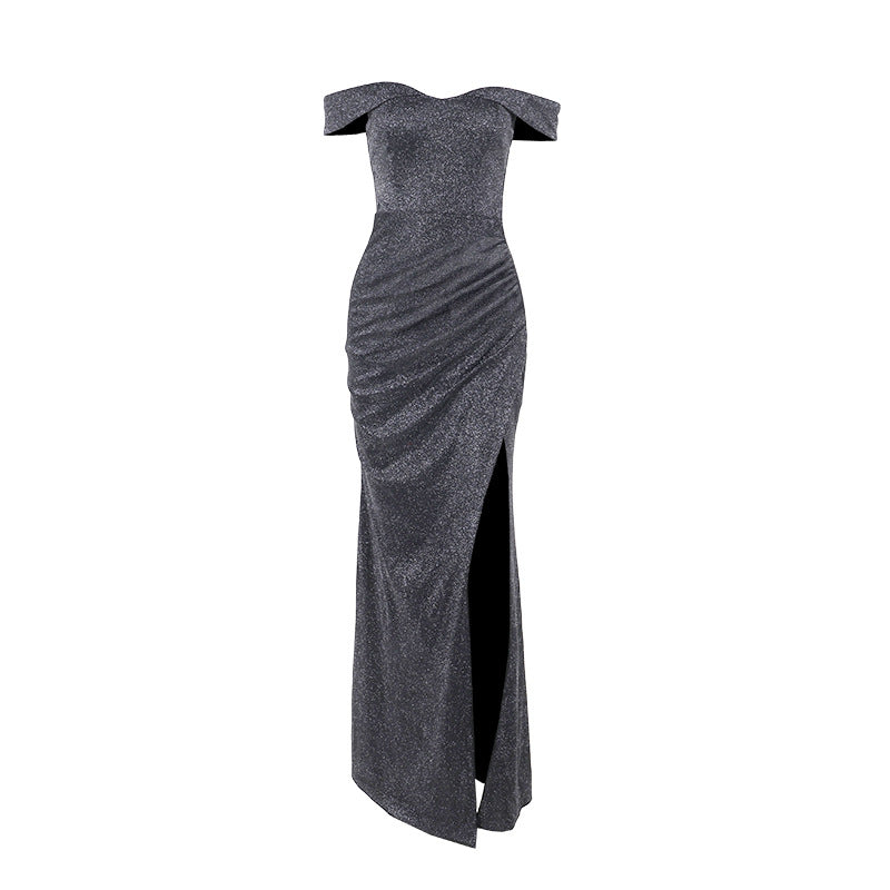 Damen schulterfreies Maxikleid mit elegantem Schlitz und glitzerndem Stoff R&B