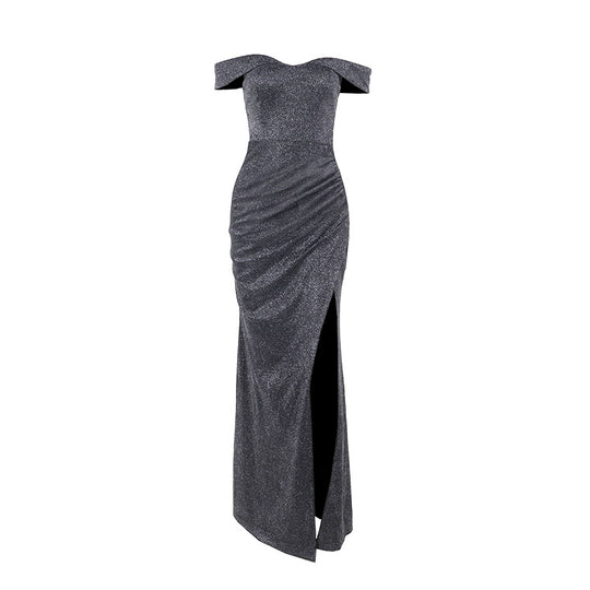Damen schulterfreies Maxikleid mit elegantem Schlitz und glitzerndem Stoff R&B