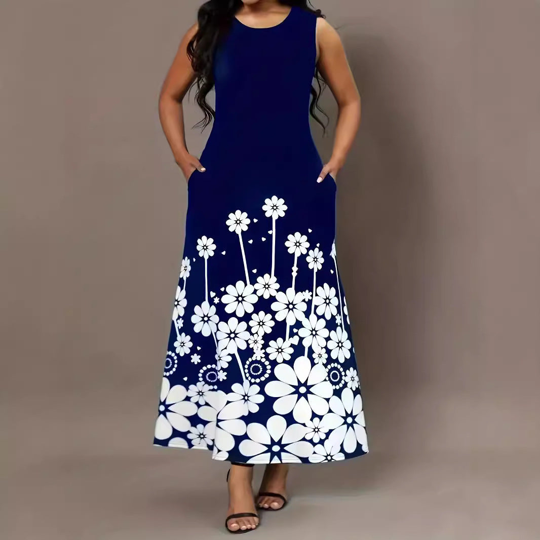 Damen Maxikleid mit floralen Akzenten und seitlichen Eingrifftaschen R&B