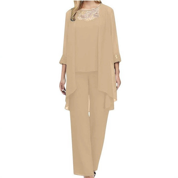 Damen nan fließendes Chiffon-Abendensemble mit Spitzenbesatz, Kimono-Cardigan und weiter Palazzohose R&B