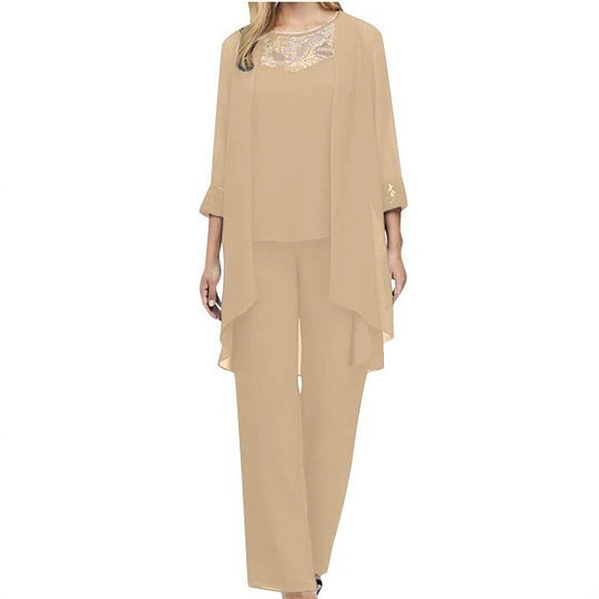 Damen nan fließendes Chiffon-Abendensemble mit Spitzenbesatz, Kimono-Cardigan und weiter Palazzohose R&B