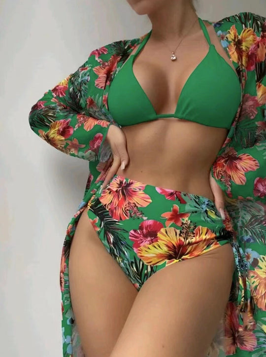 Damen Hochgeschnittener Bikini mit floralem Design und raffiniertem Wickeloberteil R&B