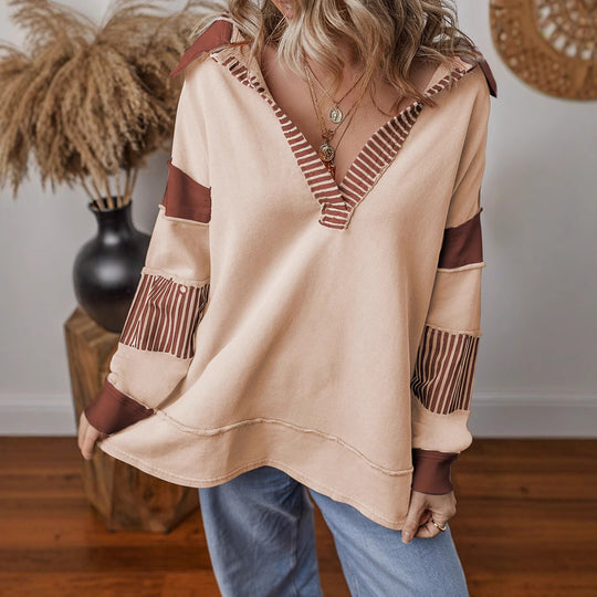Damen lässiger Pullover mit Hemdkragen und gestreiften Ärmeln R&B